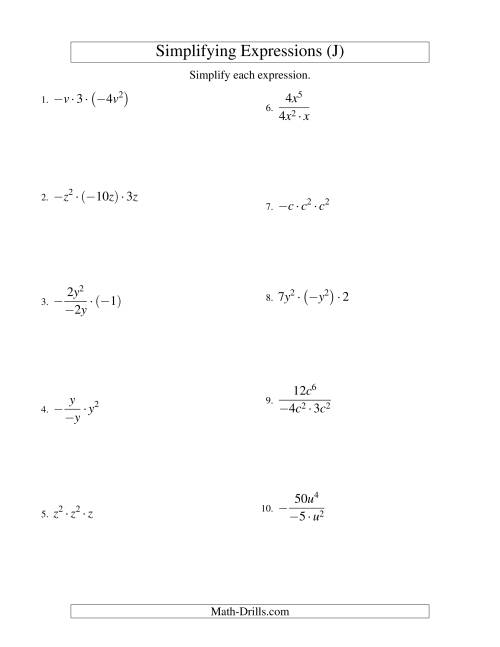 The Simplifying Algebraic Expressions with One Variable and Three Terms (Multiplication and Division) (J) Math Worksheet