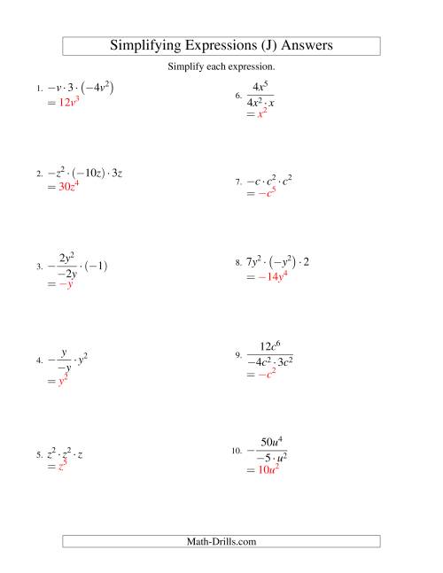 The Simplifying Algebraic Expressions with One Variable and Three Terms (Multiplication and Division) (J) Math Worksheet Page 2