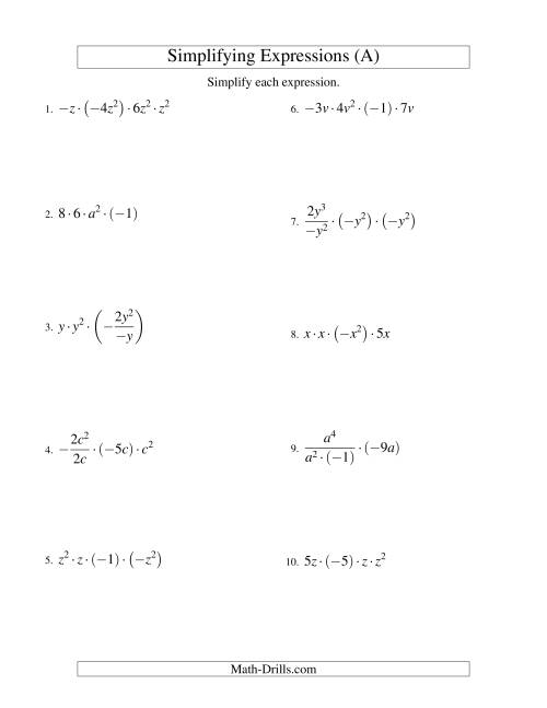 The Simplifying Algebraic Expressions with One Variable and Four Terms (Multiplication and Division) (A) Math Worksheet