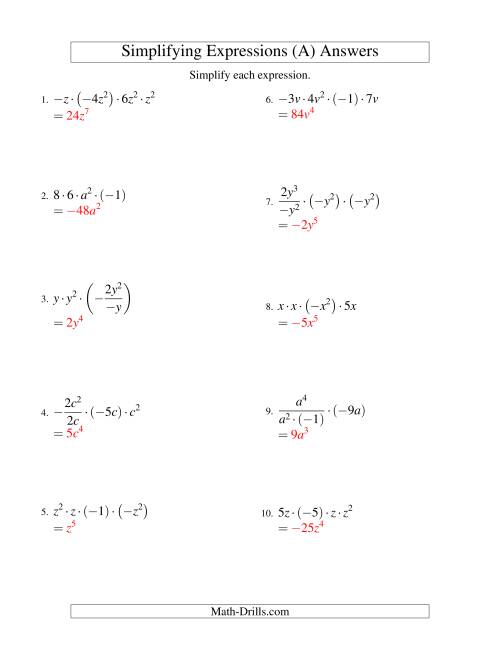 The Simplifying Algebraic Expressions with One Variable and Four Terms (Multiplication and Division) (A) Math Worksheet Page 2