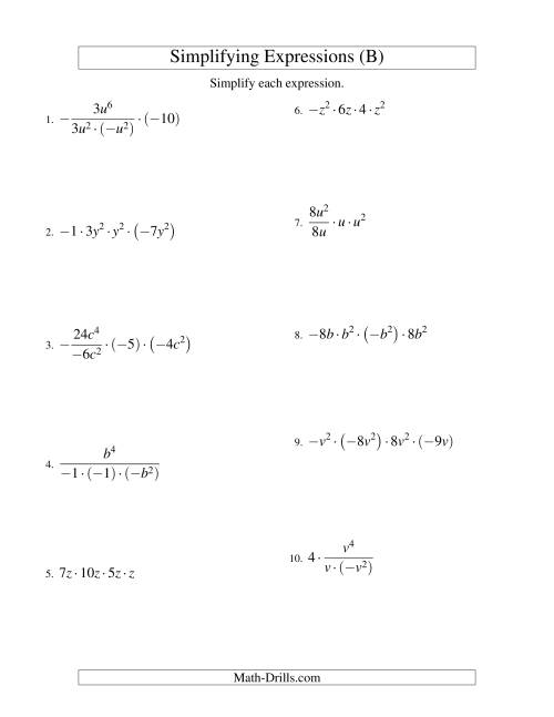 The Simplifying Algebraic Expressions with One Variable and Four Terms (Multiplication and Division) (B) Math Worksheet