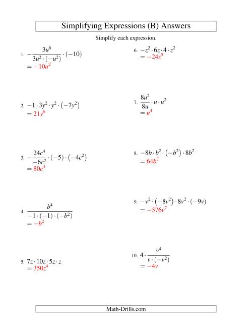The Simplifying Algebraic Expressions with One Variable and Four Terms (Multiplication and Division) (B) Math Worksheet Page 2