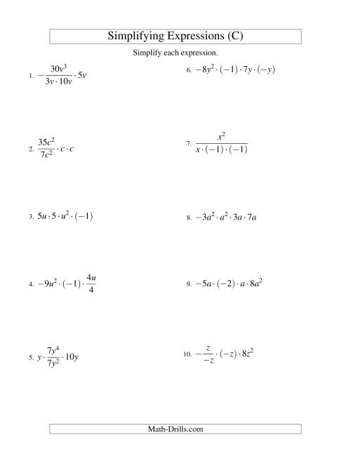 The Simplifying Algebraic Expressions with One Variable and Four Terms (Multiplication and Division) (C) Math Worksheet