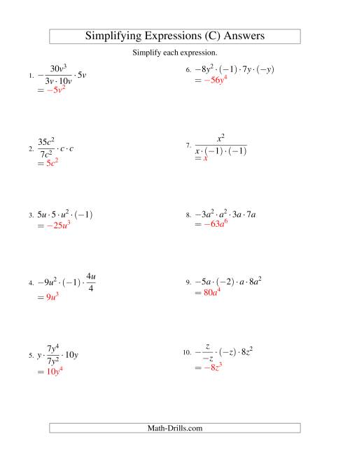 The Simplifying Algebraic Expressions with One Variable and Four Terms (Multiplication and Division) (C) Math Worksheet Page 2