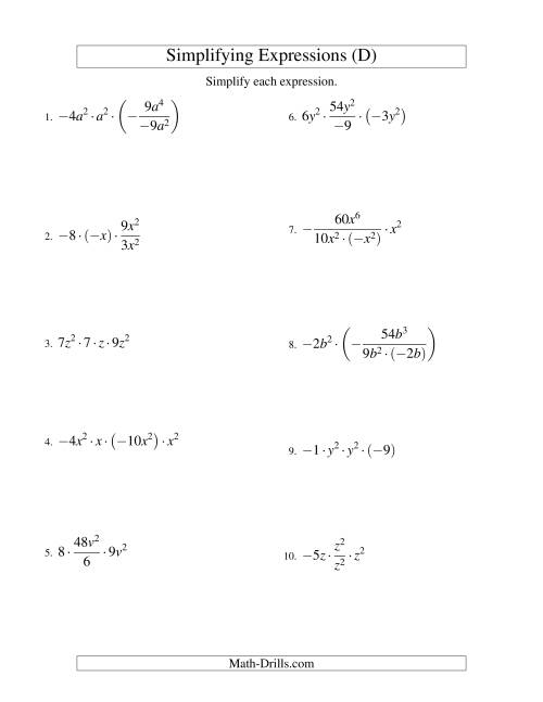 The Simplifying Algebraic Expressions with One Variable and Four Terms (Multiplication and Division) (D) Math Worksheet