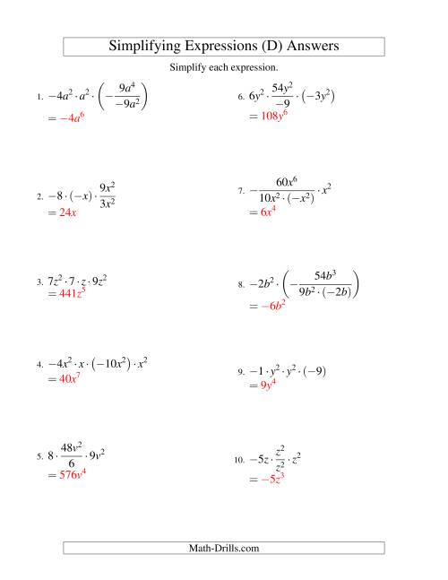 The Simplifying Algebraic Expressions with One Variable and Four Terms (Multiplication and Division) (D) Math Worksheet Page 2