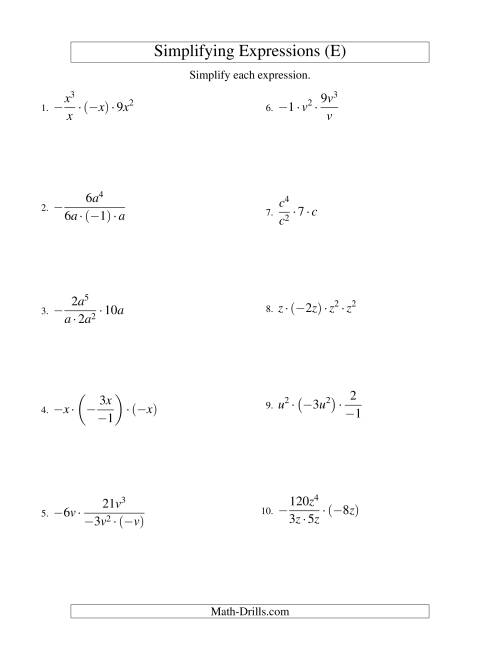 The Simplifying Algebraic Expressions with One Variable and Four Terms (Multiplication and Division) (E) Math Worksheet