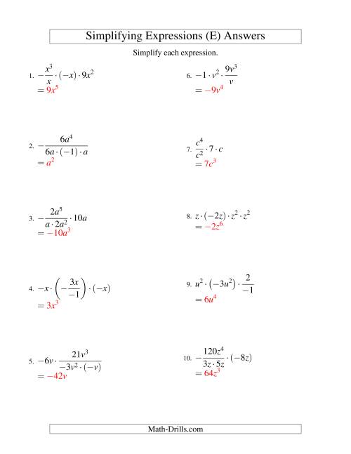 The Simplifying Algebraic Expressions with One Variable and Four Terms (Multiplication and Division) (E) Math Worksheet Page 2