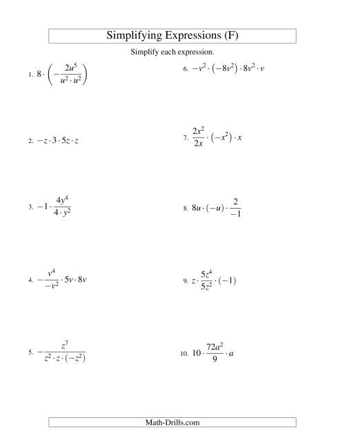 The Simplifying Algebraic Expressions with One Variable and Four Terms (Multiplication and Division) (F) Math Worksheet