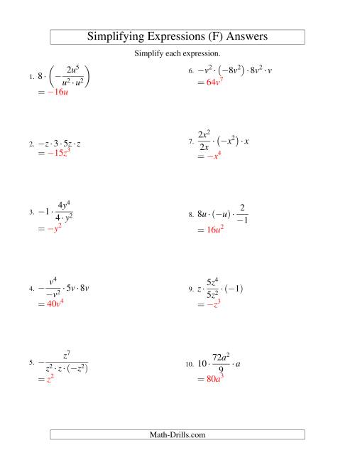 The Simplifying Algebraic Expressions with One Variable and Four Terms (Multiplication and Division) (F) Math Worksheet Page 2
