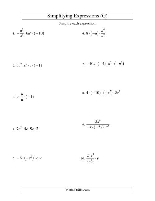 The Simplifying Algebraic Expressions with One Variable and Four Terms (Multiplication and Division) (G) Math Worksheet