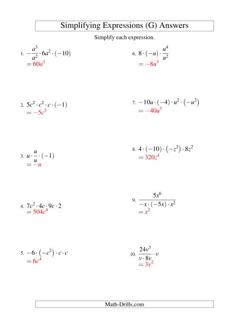 The Simplifying Algebraic Expressions with One Variable and Four Terms (Multiplication and Division) (G) Math Worksheet Page 2