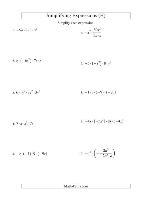 The Simplifying Algebraic Expressions with One Variable and Four Terms (Multiplication and Division) (H) Math Worksheet