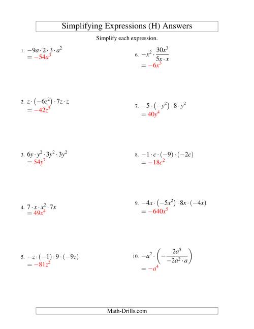 The Simplifying Algebraic Expressions with One Variable and Four Terms (Multiplication and Division) (H) Math Worksheet Page 2