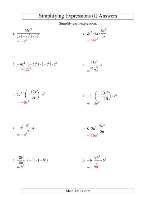 The Simplifying Algebraic Expressions with One Variable and Four Terms (Multiplication and Division) (I) Math Worksheet Page 2
