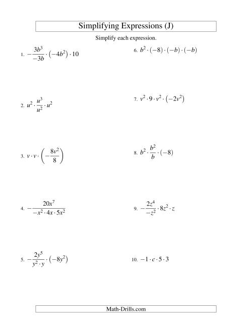 The Simplifying Algebraic Expressions with One Variable and Four Terms (Multiplication and Division) (J) Math Worksheet