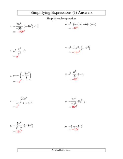 The Simplifying Algebraic Expressions with One Variable and Four Terms (Multiplication and Division) (J) Math Worksheet Page 2