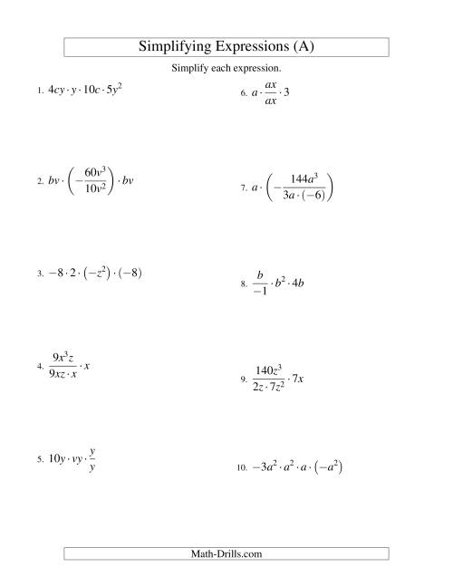 The Simplifying Algebraic Expressions with Two Variables and Four Terms (Multiplication and Division) (A) Math Worksheet