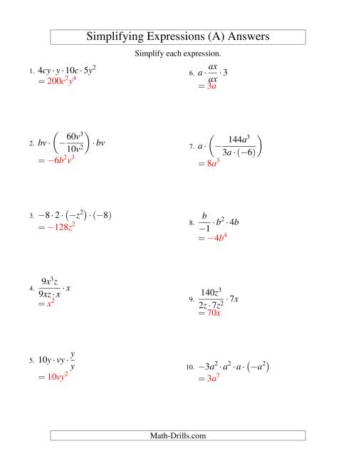 The Simplifying Algebraic Expressions with Two Variables and Four Terms (Multiplication and Division) (A) Math Worksheet Page 2