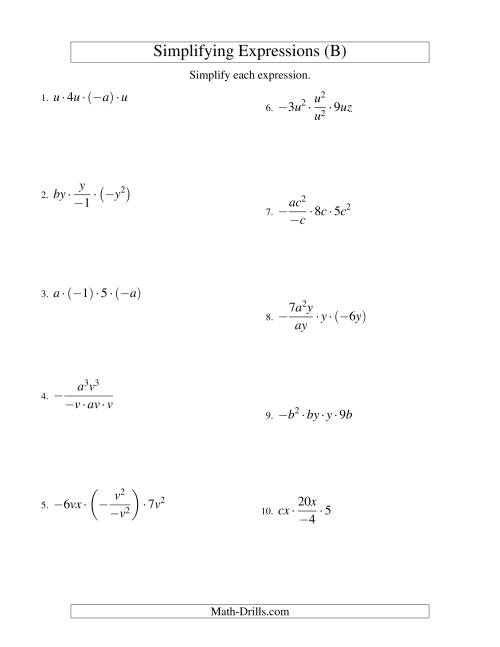 The Simplifying Algebraic Expressions with Two Variables and Four Terms (Multiplication and Division) (B) Math Worksheet