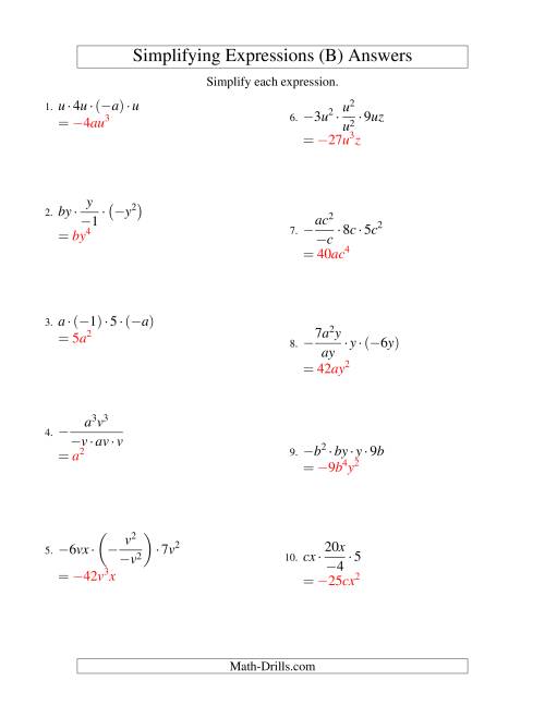 The Simplifying Algebraic Expressions with Two Variables and Four Terms (Multiplication and Division) (B) Math Worksheet Page 2