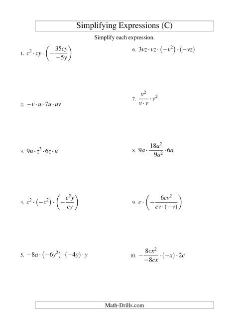The Simplifying Algebraic Expressions with Two Variables and Four Terms (Multiplication and Division) (C) Math Worksheet