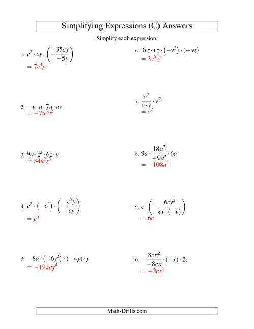 The Simplifying Algebraic Expressions with Two Variables and Four Terms (Multiplication and Division) (C) Math Worksheet Page 2