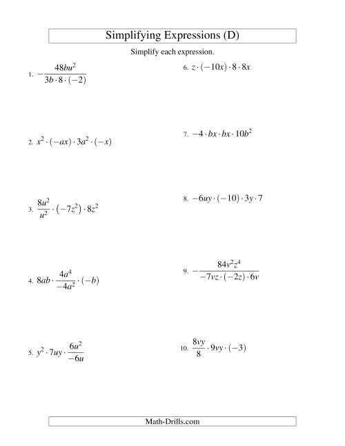 The Simplifying Algebraic Expressions with Two Variables and Four Terms (Multiplication and Division) (D) Math Worksheet