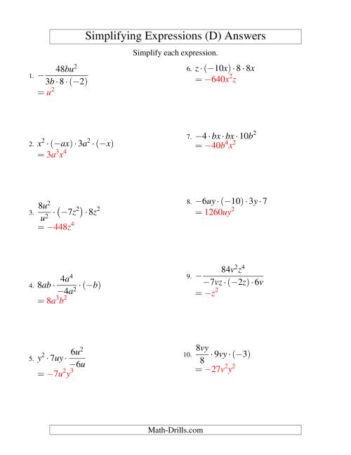 The Simplifying Algebraic Expressions with Two Variables and Four Terms (Multiplication and Division) (D) Math Worksheet Page 2