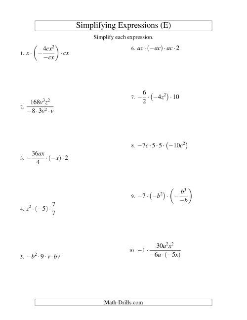The Simplifying Algebraic Expressions with Two Variables and Four Terms (Multiplication and Division) (E) Math Worksheet