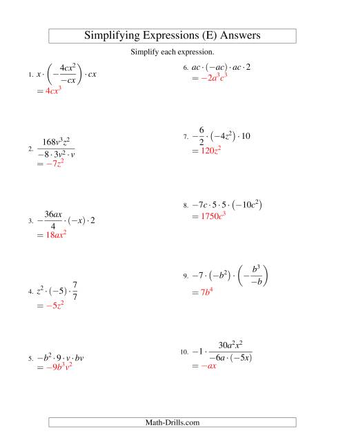 The Simplifying Algebraic Expressions with Two Variables and Four Terms (Multiplication and Division) (E) Math Worksheet Page 2