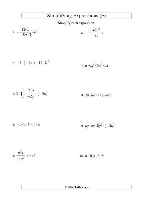 The Simplifying Algebraic Expressions with Two Variables and Four Terms (Multiplication and Division) (F) Math Worksheet