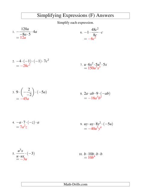 The Simplifying Algebraic Expressions with Two Variables and Four Terms (Multiplication and Division) (F) Math Worksheet Page 2
