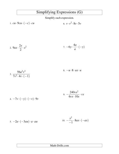The Simplifying Algebraic Expressions with Two Variables and Four Terms (Multiplication and Division) (G) Math Worksheet