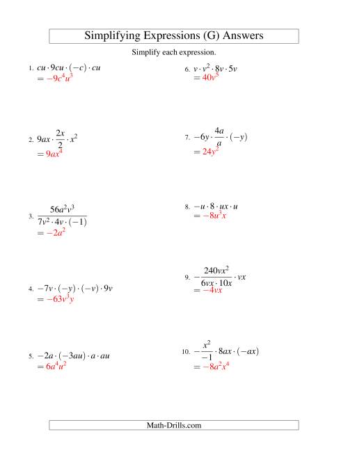 The Simplifying Algebraic Expressions with Two Variables and Four Terms (Multiplication and Division) (G) Math Worksheet Page 2