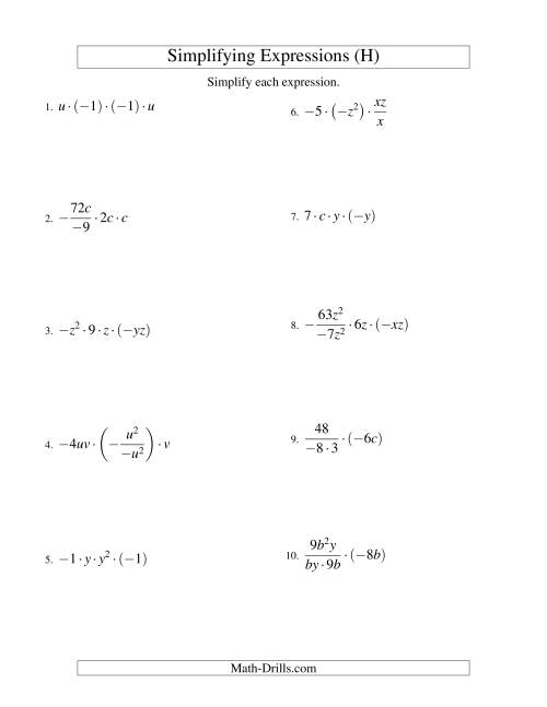 The Simplifying Algebraic Expressions with Two Variables and Four Terms (Multiplication and Division) (H) Math Worksheet