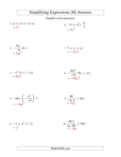 The Simplifying Algebraic Expressions with Two Variables and Four Terms (Multiplication and Division) (H) Math Worksheet Page 2