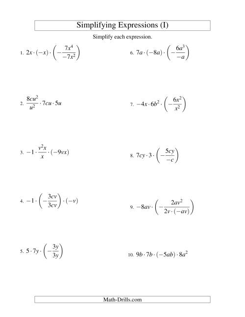 The Simplifying Algebraic Expressions with Two Variables and Four Terms (Multiplication and Division) (I) Math Worksheet