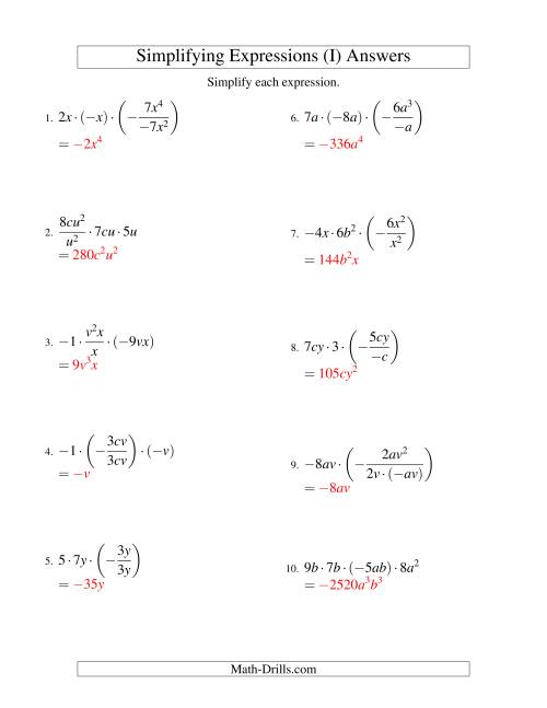 The Simplifying Algebraic Expressions with Two Variables and Four Terms (Multiplication and Division) (I) Math Worksheet Page 2