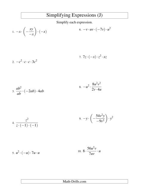 The Simplifying Algebraic Expressions with Two Variables and Four Terms (Multiplication and Division) (J) Math Worksheet