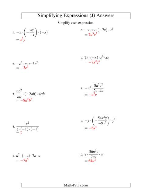 The Simplifying Algebraic Expressions with Two Variables and Four Terms (Multiplication and Division) (J) Math Worksheet Page 2