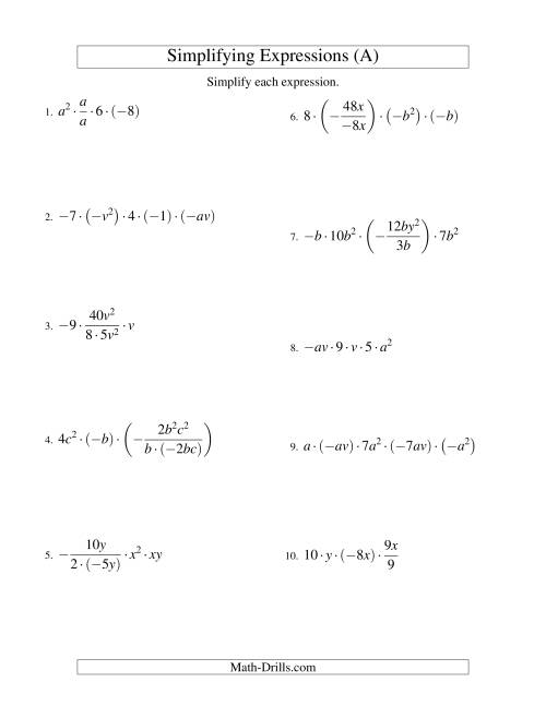 The Simplifying Algebraic Expressions with Two Variables and Five Terms (Multiplication and Division) (A) Math Worksheet