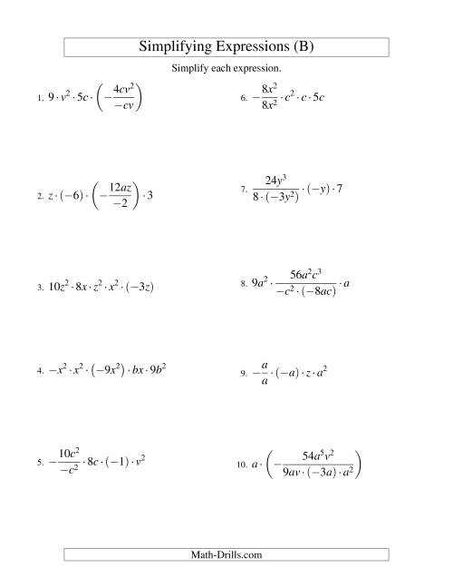 The Simplifying Algebraic Expressions with Two Variables and Five Terms (Multiplication and Division) (B) Math Worksheet