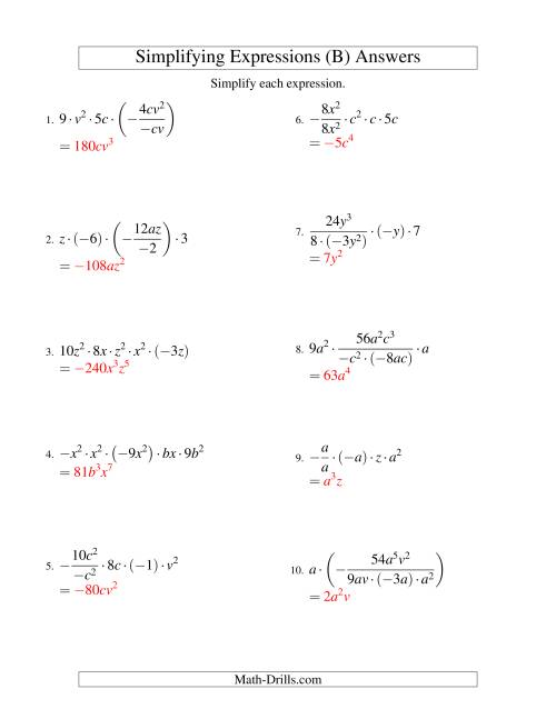 The Simplifying Algebraic Expressions with Two Variables and Five Terms (Multiplication and Division) (B) Math Worksheet Page 2