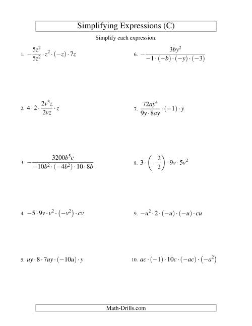 The Simplifying Algebraic Expressions with Two Variables and Five Terms (Multiplication and Division) (C) Math Worksheet
