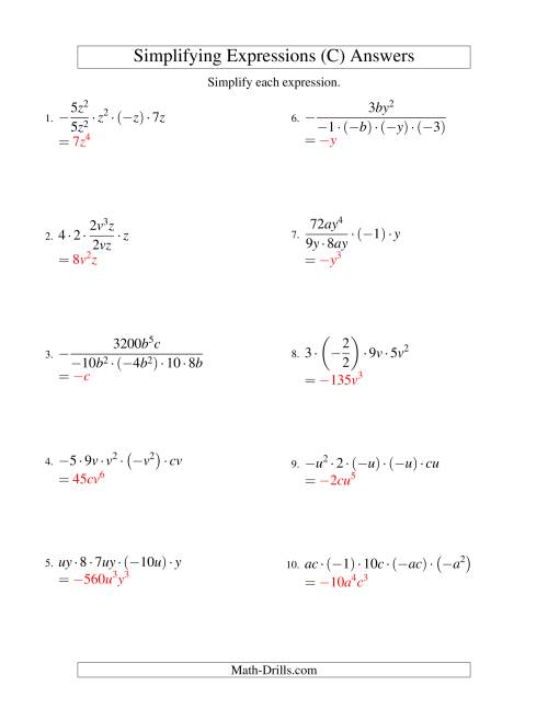 The Simplifying Algebraic Expressions with Two Variables and Five Terms (Multiplication and Division) (C) Math Worksheet Page 2