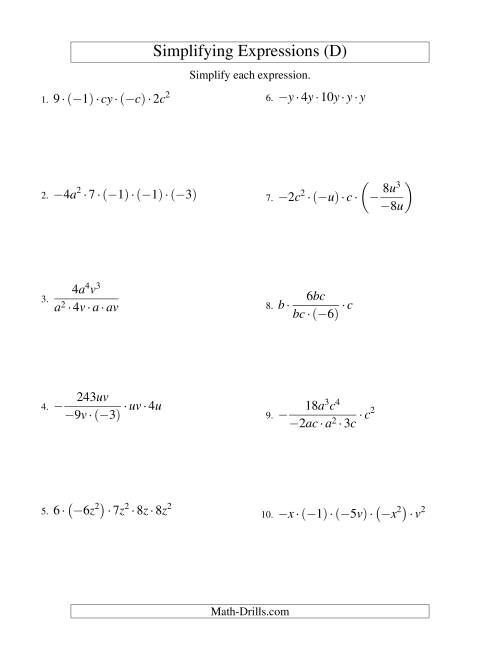 The Simplifying Algebraic Expressions with Two Variables and Five Terms (Multiplication and Division) (D) Math Worksheet