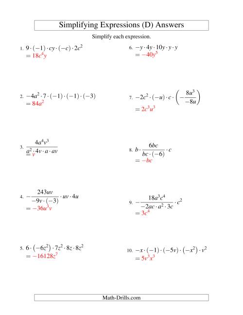 The Simplifying Algebraic Expressions with Two Variables and Five Terms (Multiplication and Division) (D) Math Worksheet Page 2