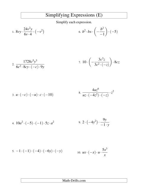 The Simplifying Algebraic Expressions with Two Variables and Five Terms (Multiplication and Division) (E) Math Worksheet