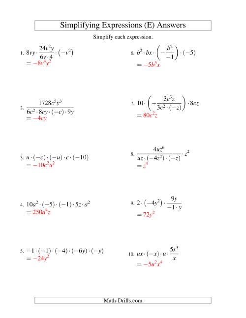 The Simplifying Algebraic Expressions with Two Variables and Five Terms (Multiplication and Division) (E) Math Worksheet Page 2